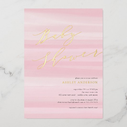 Invitation En Aluminium Aquarelle rose Baby shower à bande (Recto)
