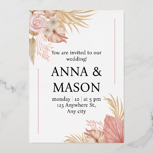 Invitation En Aluminium Aquarelle rose beige Boho Mariage floral tropical (Recto)