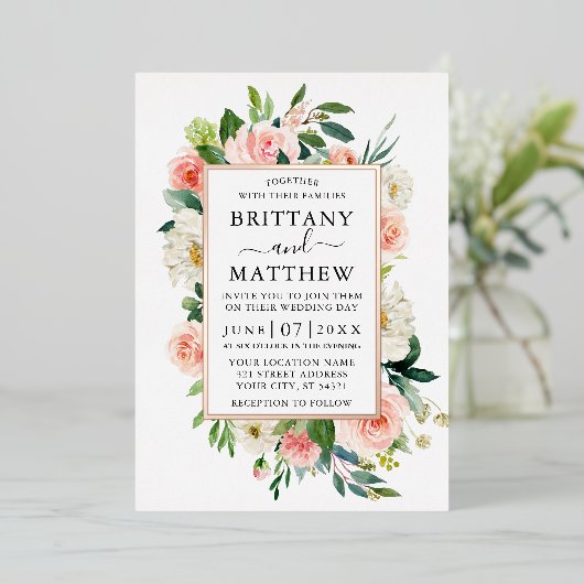 Invitation En Aluminium Aquarelle rose blanc Rose photo or (Debout devant)