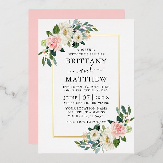 Invitation En Aluminium Aquarelle rose Blush Blanc Floral Mariage Or (Recto/Verso)