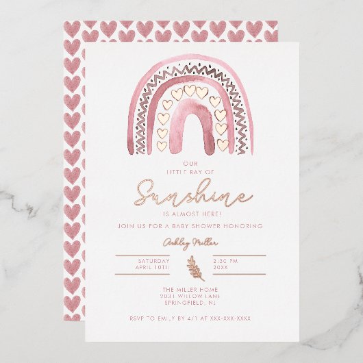 Invitation En Aluminium Aquarelle rose Boho Rainbow Baby shower Rose or (Recto/Verso)