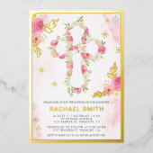 Invitation En Aluminium Aquarelle rose florale Baptême or (Recto)