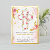 Invitation En Aluminium Aquarelle rose florale Baptême or (Debout devant)