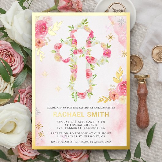 Invitation En Aluminium Aquarelle rose florale Baptême or