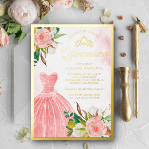 Invitation En Aluminium Aquarelle rose pâle Floral Gown Quinceanera Or