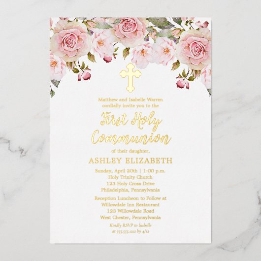 Invitation En Aluminium Aquarelle rose pâle Floral Première Sainte Communi (Recto)