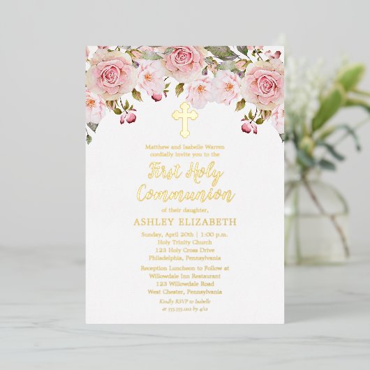 Invitation En Aluminium Aquarelle rose pâle Floral Première Sainte Communi (Debout devant)