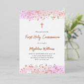 Invitation En Aluminium aquarelle rose Première sainte communion (Debout devant)