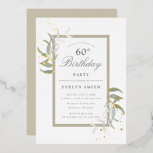 Invitation En Aluminium aquarelle sauge verdure et or anniversaire (Recto/Verso)