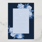 Invitation En Aluminium Aquarelle sophistiquée Fleurs Arrière - plan bleu (Recto)