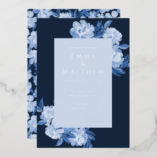 Invitation En Aluminium Aquarelle sophistiquée Fleurs Arrière - plan bleu (Recto/Verso)