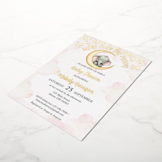 Invitation En Aluminium Aquarelle sur le Baby shower d'éléphant de la lune (Rotation)