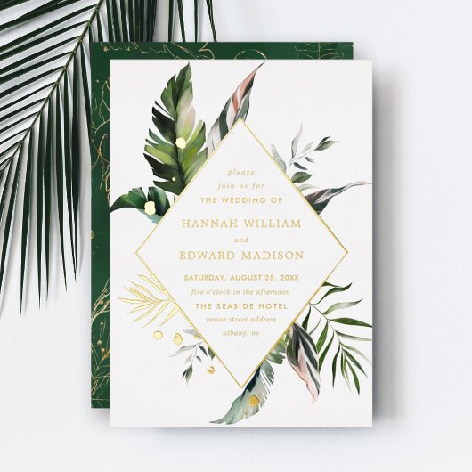 Invitation En Aluminium Aquarelle Tropicale Mariage de cadre Or Foliage