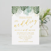 Invitation En Aluminium Aquarelle tropicale Mariage vert or (Debout devant)