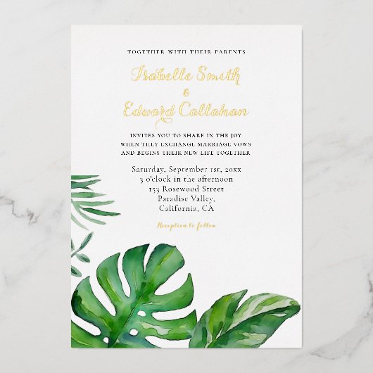 Invitation En Aluminium Aquarelle tropicale Vert Monstera Feuille Mariage (Recto)