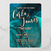 Invitation En Aluminium Aquarelle Turquoise foncée moderne mariage chic or (Recto)