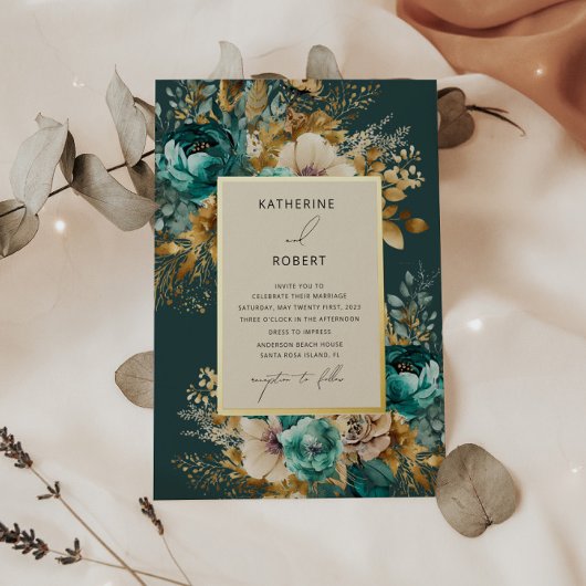 Invitation En Aluminium Aquarelle Turquoise or Floral Mariage