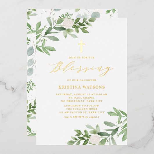 Invitation En Aluminium Aquarelle Verdure et Fleur Blanche Blessing bébé (Recto/Verso)