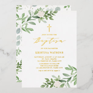 Invitation En Aluminium Aquarelle Verdure et fleurs blanches Baptême