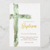 Invitation En Aluminium aquarelle vert agate cross Baptême (Recto)