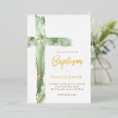 Invitation En Aluminium aquarelle vert agate cross Baptême (Debout devant)