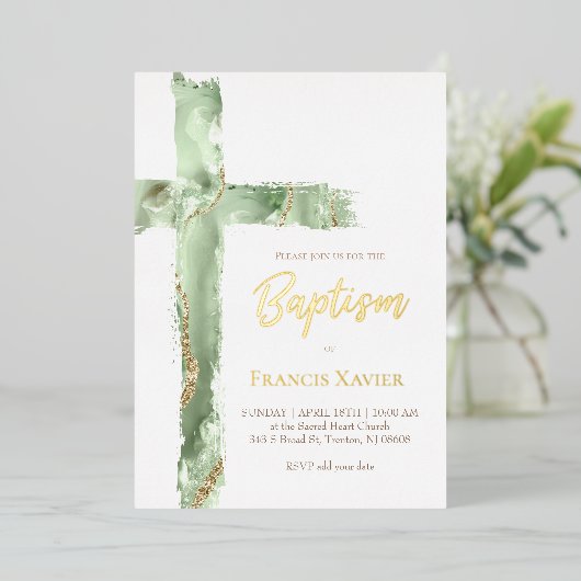 Invitation En Aluminium aquarelle vert agate cross Baptême (Debout devant)