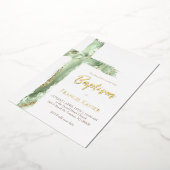Invitation En Aluminium aquarelle vert agate cross Baptême (Rotation)