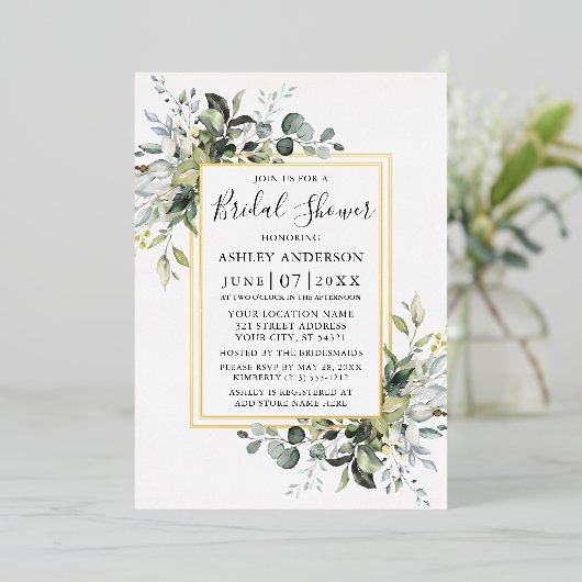 Invitation En Aluminium Aquarelle Vert Douche Sage Vert 2 Frame Or (Debout devant)