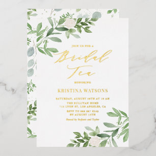 Invitation En Aluminium Aquarelle Vert et Fleurs blanches Thé nuptial