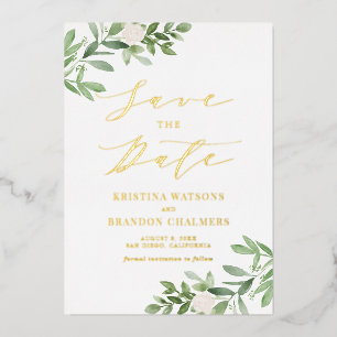 Invitation En Aluminium Aquarelle Vert Fleurs blanches Enregistrer La Date