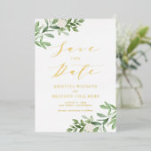 Invitation En Aluminium Aquarelle Vert Fleurs blanches Enregistrer La Date (Debout devant)
