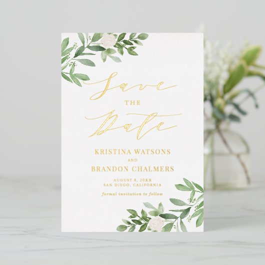 Invitation En Aluminium Aquarelle Vert Fleurs blanches Enregistrer La Date (Debout devant)