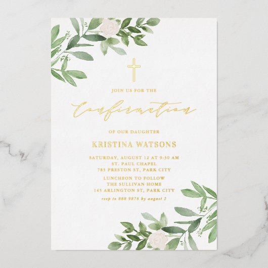 Invitation En Aluminium Aquarelle verte et fleurs blanches Confirmation (Recto)