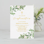 Invitation En Aluminium Aquarelle verte et fleurs blanches Confirmation (Debout devant)