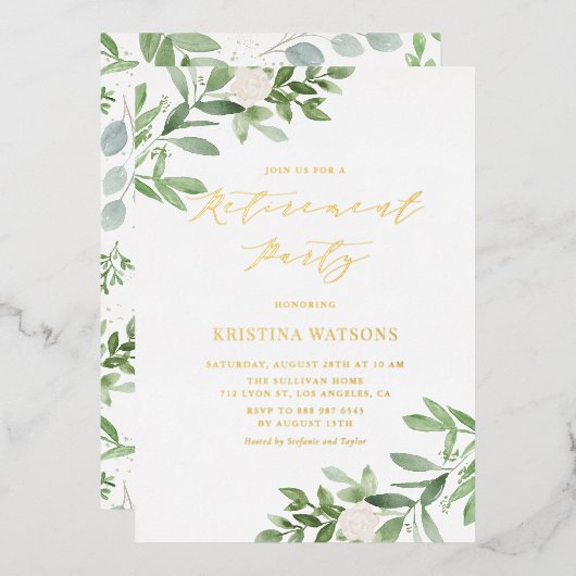 Invitation En Aluminium Aquarelle verte Fleurs blanches Parti de retraite (Recto/Verso)