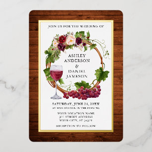 Invitation En Aluminium Aquarelle Vins de raisin Floral Wreath Bois Or