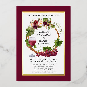 Invitation En Aluminium Aquarelle Vins de raisin Floral Wreath Or Bourgogn