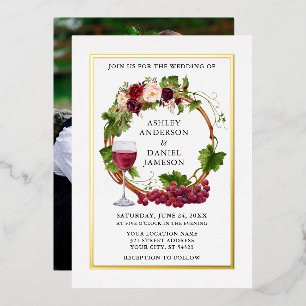 Invitation En Aluminium Aquarelle Vins de raisin Floral Wreath Photo Or