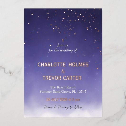 Invitation En Aluminium Aquarelle violette Etoiles modernes Mariage Or (Recto)