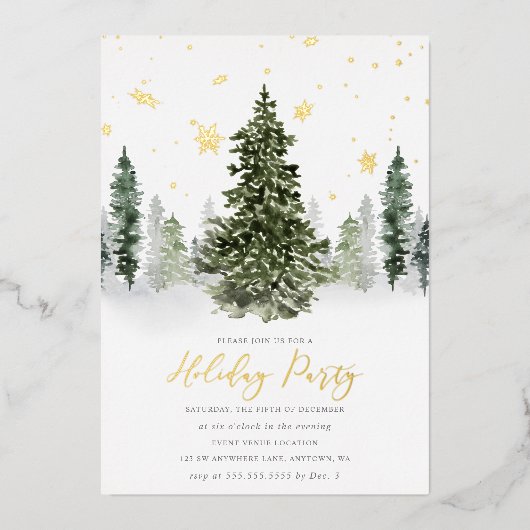 Invitation En Aluminium Aquarelle Winter Forest Fête Gold (Recto)