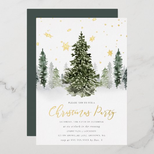 Invitation En Aluminium Aquarelle Winter Forest Noël Party Gold (Recto/Verso)
