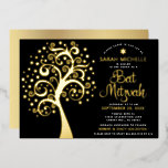 Invitation En Aluminium Arbre Bat mitzvah noir de vie Script Véritable or<br><div class="desc">Soyez fier, réjouissez-vous et présentez cette étape importante de votre Bat mitzvah préféré ! Ce véritable arbre de vie graphique en feuille d'or avec l'étoile brillante de David et "feuilles" point et véritable script de calligraphie en feuille d'or sur un arrière - plan noir riche, sophistiqué, est l'invitation parfaite pour...</div>