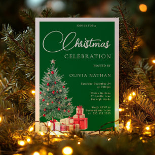 Invitation En Aluminium Arbre de fête Party de Noël Vert & Argent
