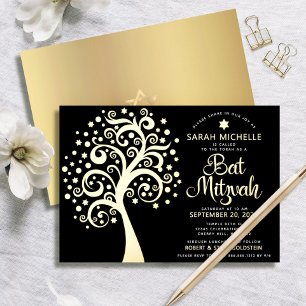 Invitation En Aluminium Arbre de Vie de la Bat Mitzvah en Or Réel Script