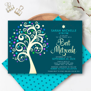 Invitation En Aluminium Arbre de Vie en or réel écriture Bat Mitzvah sarce