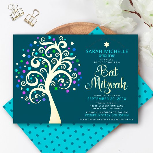 Invitation En Aluminium Arbre de Vie en or réel écriture Bat Mitzvah sarce