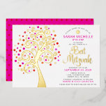 Invitation En Aluminium Arbre rose bat mitzvah de la vie Script Real Gold<br><div class="desc">Soyez fier, réjouissez-vous et présentez cette étape importante de votre Bat mitzvah préféré ! Ce véritable arbre graphique en feuille d'or avec rose brillant, orange et rouge étoile de David et point "feuilles" sur un arrière - plan blanc est l'invitation parfaite pour cette occasion spéciale. Une toute petite étoile rouge...</div>