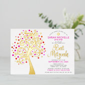 Invitation En Aluminium Arbre rose bat mitzvah de la vie Script Real Gold (Debout devant)