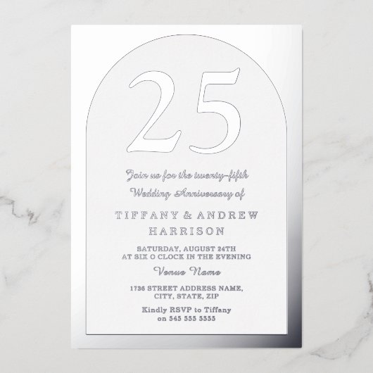Invitation En Aluminium Arc Argent 25e anniversaire Mariage Argent (Recto)