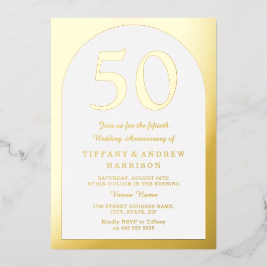 Invitation En Aluminium Arc d'or 50e anniversaire Mariage or (Recto)